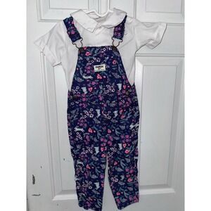 OshKosh B'gosh 2T Girls Floral Bunny Rabbit Vestbak Overalls Short Sleeve Shirt